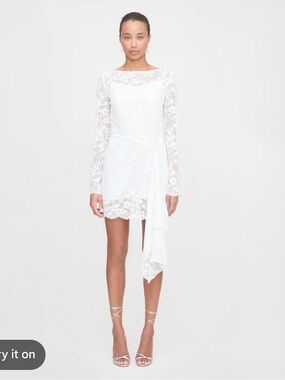 Hill House White Lace Long-Sleeve Mini Dress with Side Drape